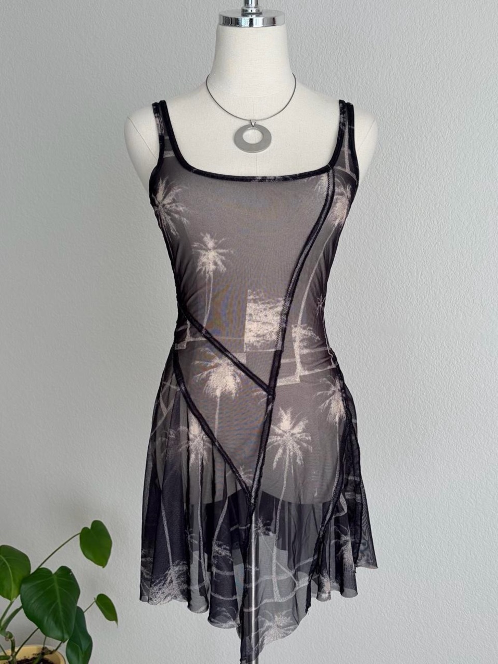 Urban Outfitters Sheer Palm-Print Mesh Slip Dress - Black